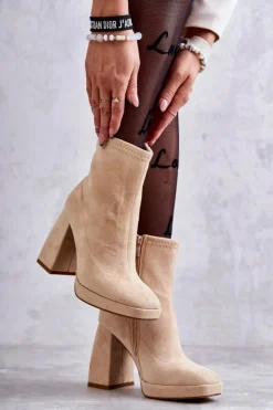 Best Boto Damskie Zamszowe Botki Na Obcasie Jasnobeżowe Ramira Beżowy