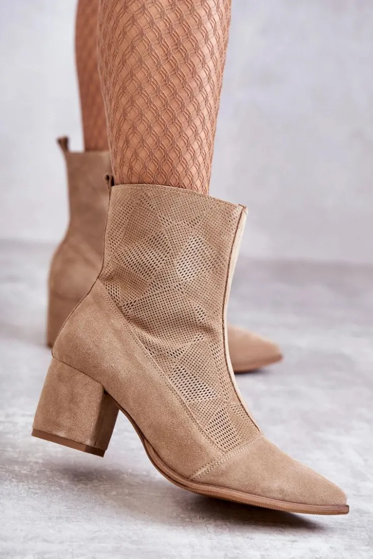 Discount Boto Damskie Zamszowe Botki Na Obcasie Nicole 2757 Beżowe
