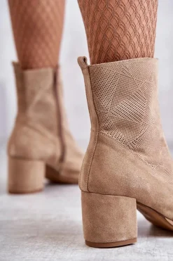 Discount Boto Damskie Zamszowe Botki Na Obcasie Nicole 2757 Beżowe