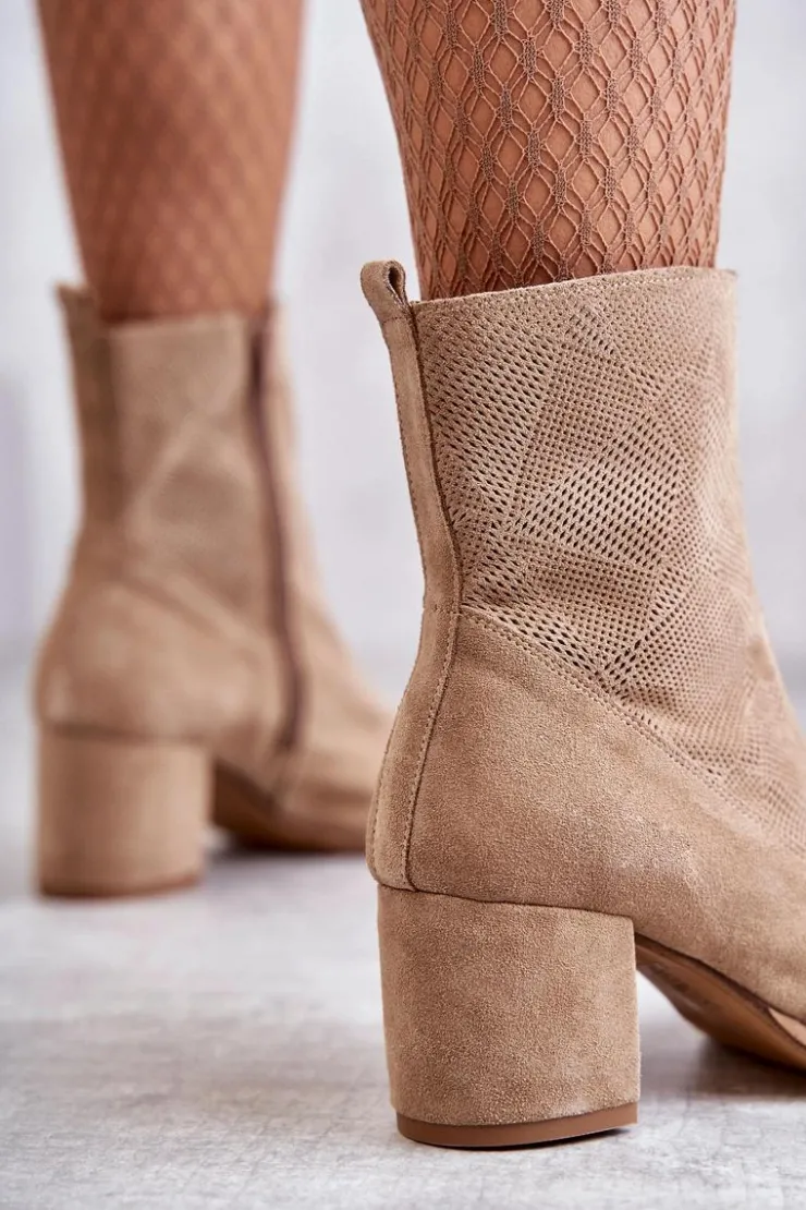 Discount Boto Damskie Zamszowe Botki Na Obcasie Nicole 2757 Beżowe