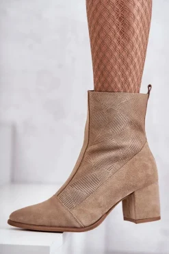 Discount Boto Damskie Zamszowe Botki Na Obcasie Nicole 2757 Beżowe