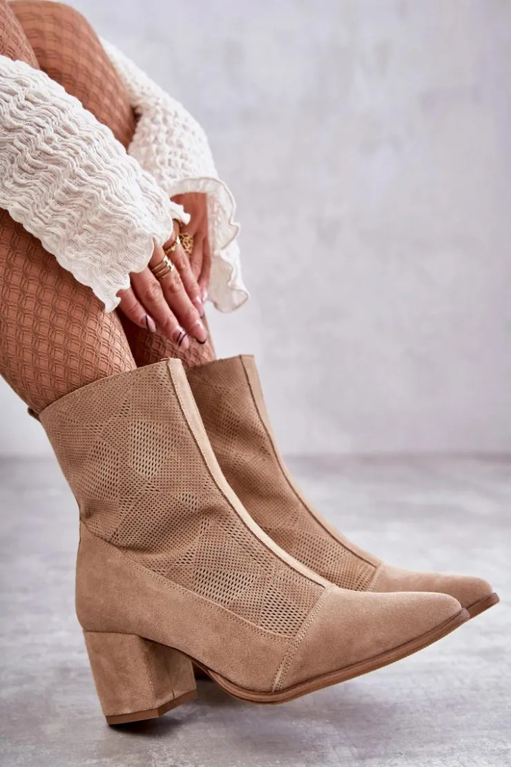 Discount Boto Damskie Zamszowe Botki Na Obcasie Nicole 2757 Beżowe