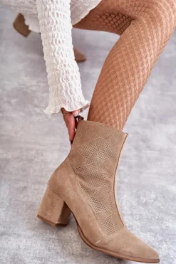 Discount Boto Damskie Zamszowe Botki Na Obcasie Nicole 2757 Beżowe