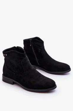 Damskie buty S.Barski Botki Wiosenne|Czarne Botki*Damskie Zamszowe Botki Na Płaskim Obcasie Czarne Liana