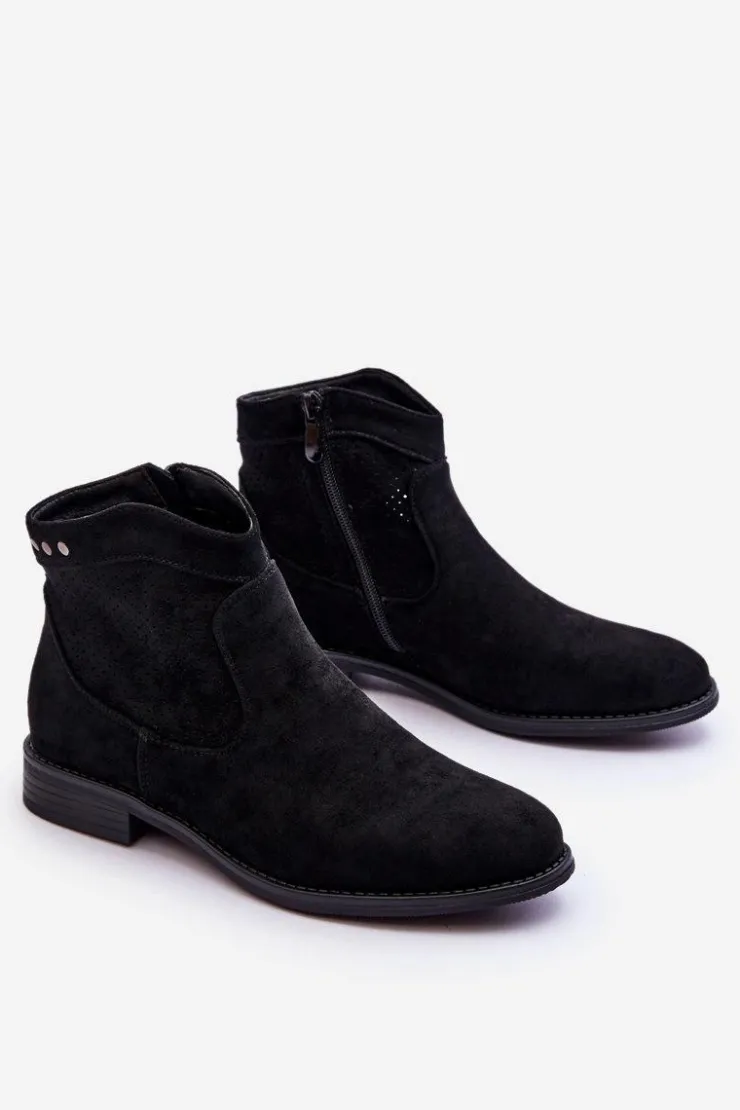 Damskie buty S.Barski Botki Wiosenne|Czarne Botki*Damskie Zamszowe Botki Na Płaskim Obcasie Czarne Liana