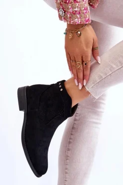 Damskie buty S.Barski Botki Wiosenne|Czarne Botki*Damskie Zamszowe Botki Na Płaskim Obcasie Czarne Liana