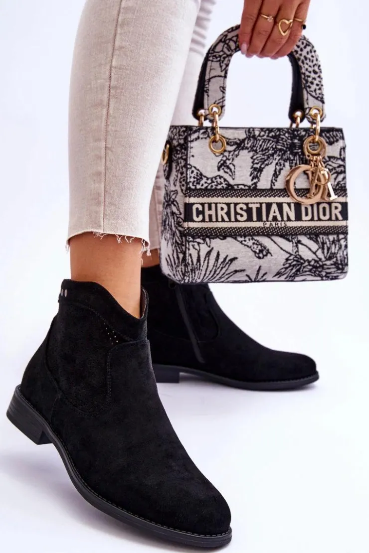 Damskie buty S.Barski Botki Wiosenne|Czarne Botki*Damskie Zamszowe Botki Na Płaskim Obcasie Czarne Liana