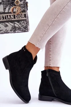 Damskie buty S.Barski Botki Wiosenne|Czarne Botki*Damskie Zamszowe Botki Na Płaskim Obcasie Czarne Liana