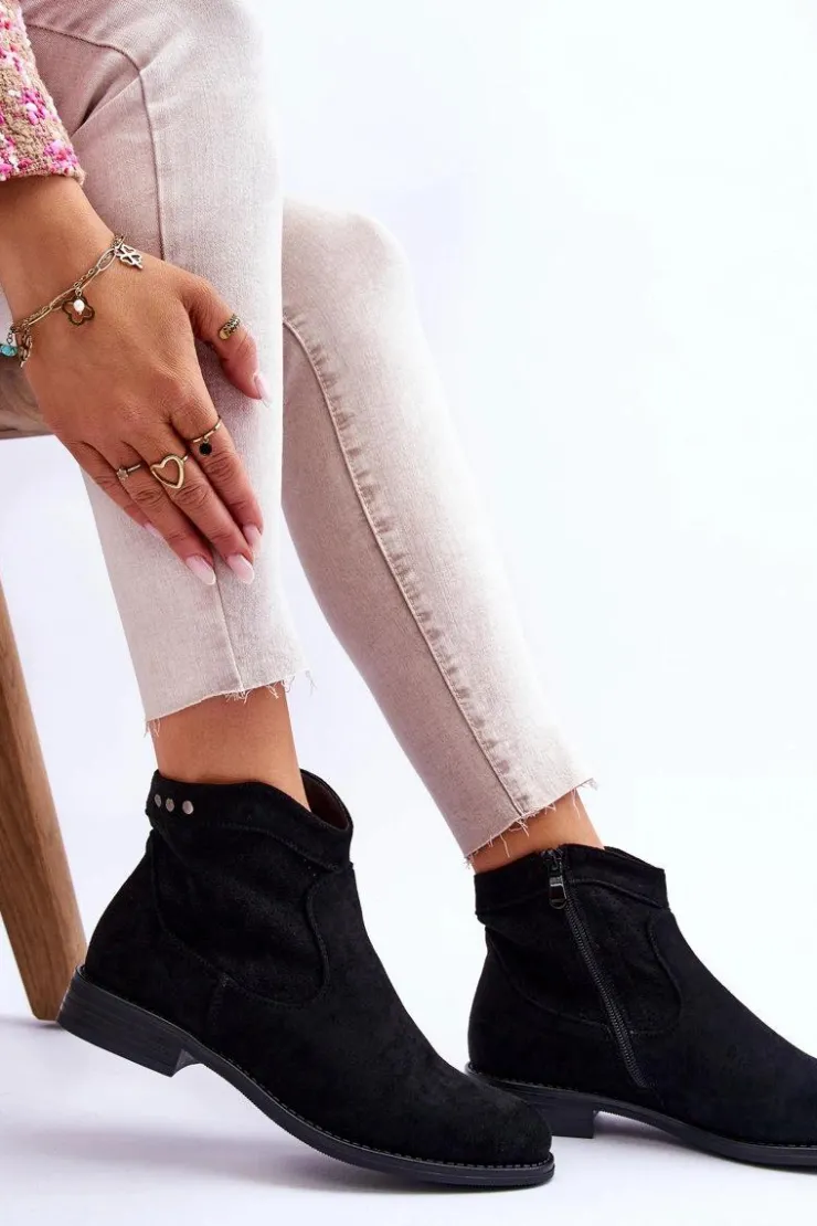 Damskie buty S.Barski Botki Wiosenne|Czarne Botki*Damskie Zamszowe Botki Na Płaskim Obcasie Czarne Liana