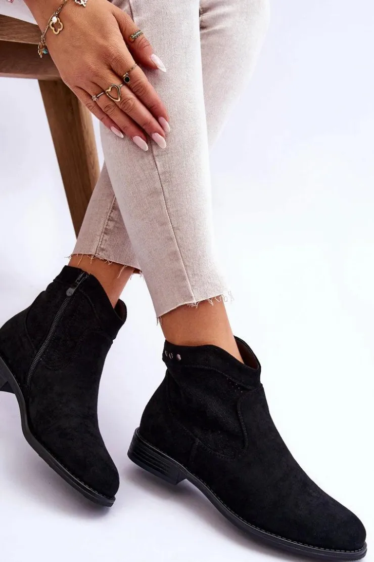 Damskie buty S.Barski Botki Wiosenne|Czarne Botki*Damskie Zamszowe Botki Na Płaskim Obcasie Czarne Liana