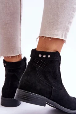 Damskie buty S.Barski Botki Wiosenne|Czarne Botki*Damskie Zamszowe Botki Na Płaskim Obcasie Czarne Liana