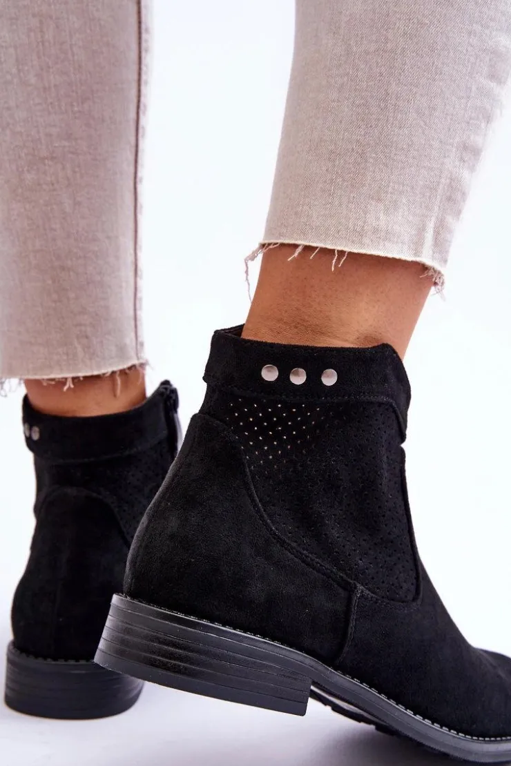 Damskie buty S.Barski Botki Wiosenne|Czarne Botki*Damskie Zamszowe Botki Na Płaskim Obcasie Czarne Liana