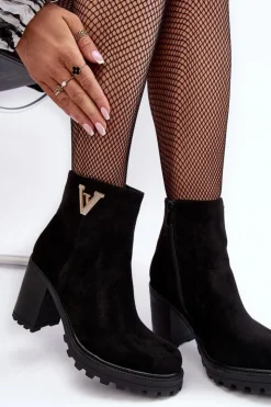 Boto Botki Wiosenne|Botki Ocieplane*Damskie Zamszowe Botki Na Słupku Z Ozdobą Czarne Strong Czarny