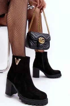 Boto Botki Wiosenne|Botki Ocieplane*Damskie Zamszowe Botki Na Słupku Z Ozdobą Czarne Strong Czarny