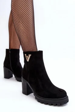 Boto Botki Wiosenne|Botki Ocieplane*Damskie Zamszowe Botki Na Słupku Z Ozdobą Czarne Strong Czarny