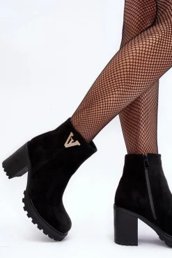 Boto Botki Wiosenne|Botki Ocieplane*Damskie Zamszowe Botki Na Słupku Z Ozdobą Czarne Strong Czarny