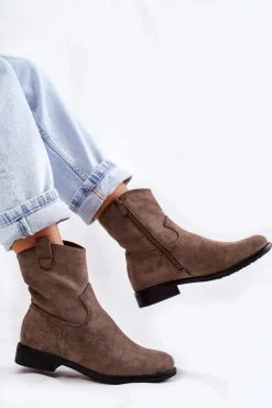 Damskie buty S.Barski Botki Wiosenne|Czarne Botki*Damskie Zamszowe Botki Na Płaskim Obcasie Ciemnoszary Fiorenz