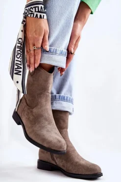 Damskie buty S.Barski Botki Wiosenne|Czarne Botki*Damskie Zamszowe Botki Na Płaskim Obcasie Ciemnoszary Fiorenz