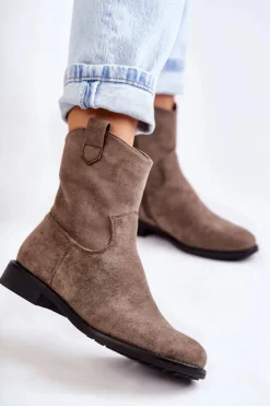 Damskie buty S.Barski Botki Wiosenne|Czarne Botki*Damskie Zamszowe Botki Na Płaskim Obcasie Ciemnoszary Fiorenz