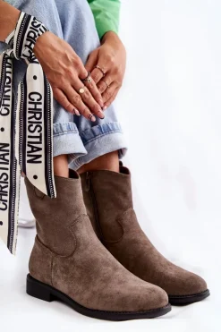 Damskie buty S.Barski Botki Wiosenne|Czarne Botki*Damskie Zamszowe Botki Na Płaskim Obcasie Ciemnoszary Fiorenz