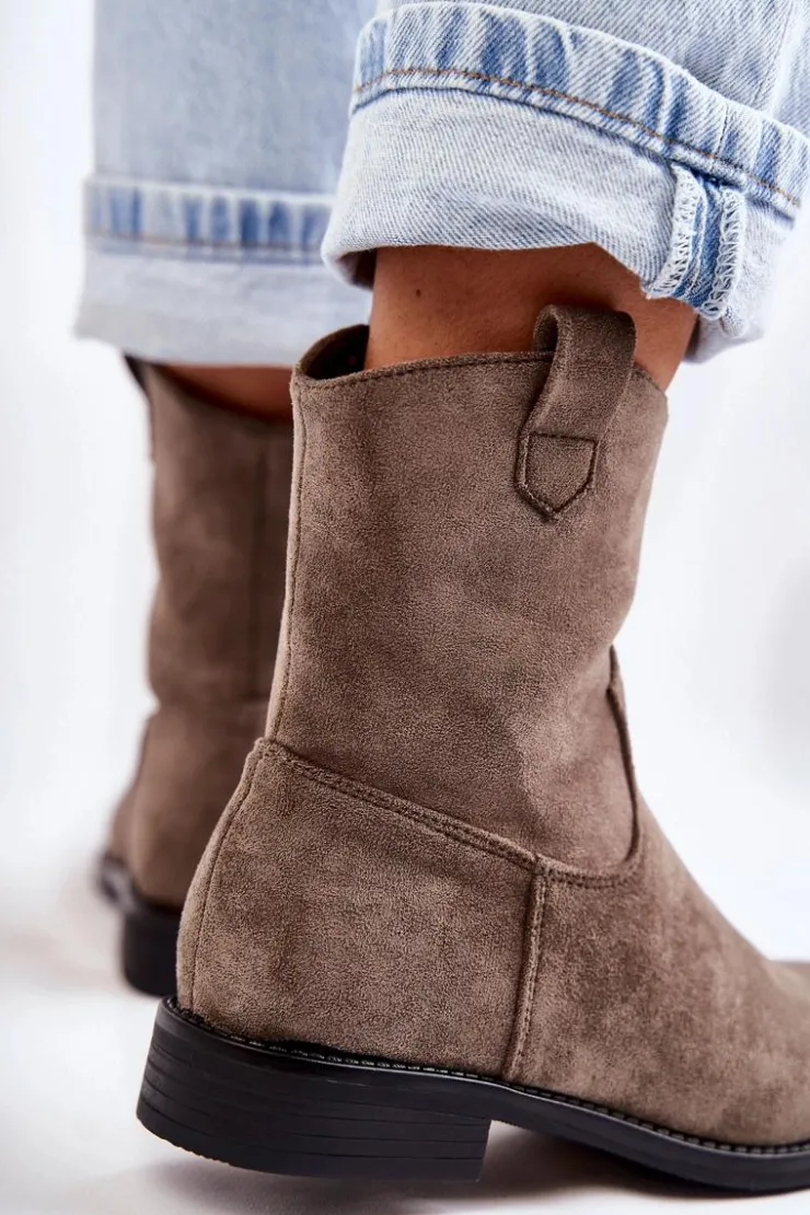 Damskie buty S.Barski Botki Wiosenne|Czarne Botki*Damskie Zamszowe Botki Na Płaskim Obcasie Ciemnoszary Fiorenz