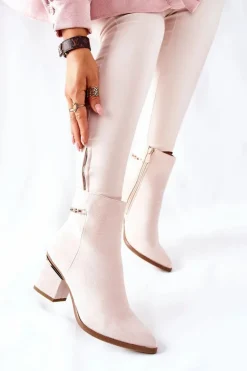 Damskie Boto Damskie Zamszowe Botki Na Słupku Beżowe One Step