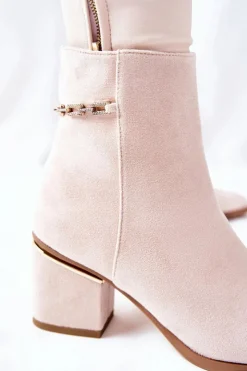 Damskie Boto Damskie Zamszowe Botki Na Słupku Beżowe One Step