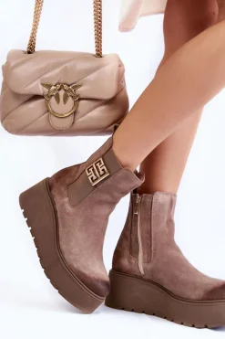 Damskie Boto Damskie Zamszowe Botki Na Masywnej Platformie Jasnobrązowe Savira