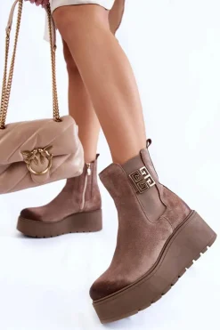 Damskie Boto Damskie Zamszowe Botki Na Masywnej Platformie Jasnobrązowe Savira