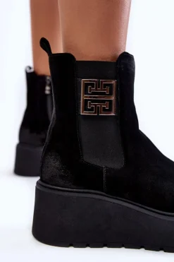 Boto Botki Na Koturnie|Czarne Botki*Damskie Zamszowe Botki Na Masywnej Platformie Czarne Lemar Savira