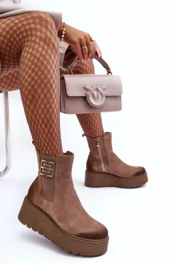 Boto Botki Na Koturnie|Botki Zimowe Damskie*Damskie Zamszowe Botki Na Masywnej Platformie Ciemnobeżowe Lemar Savira