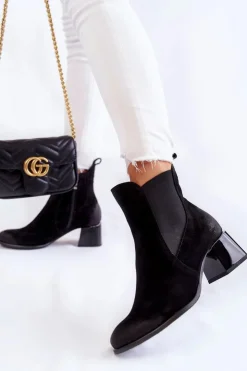 Outlet Boto Damskie Zamszowe Botki Na Obcasie Czarne Lemar Berit