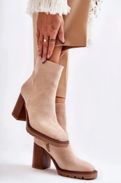 Damskie Boto Damskie Zamszowe Botki Na Słupku Z Suwakiem Beżowe Odette