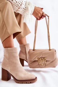 Damskie Boto Damskie Zamszowe Botki Na Słupku Z Suwakiem Beżowe Odette