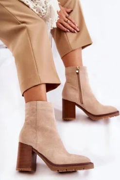 Damskie Boto Damskie Zamszowe Botki Na Słupku Z Suwakiem Beżowe Odette