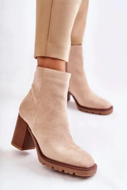 Damskie Boto Damskie Zamszowe Botki Na Słupku Z Suwakiem Beżowe Odette