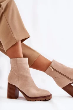 Damskie Boto Damskie Zamszowe Botki Na Słupku Z Suwakiem Beżowe Odette