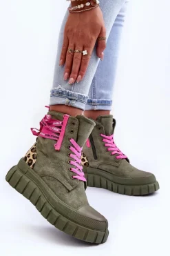 Boto Botki Sznurowane|Botki Płaskie*Damskie Zamszowe Botki Na Platformie Zielone Raftera