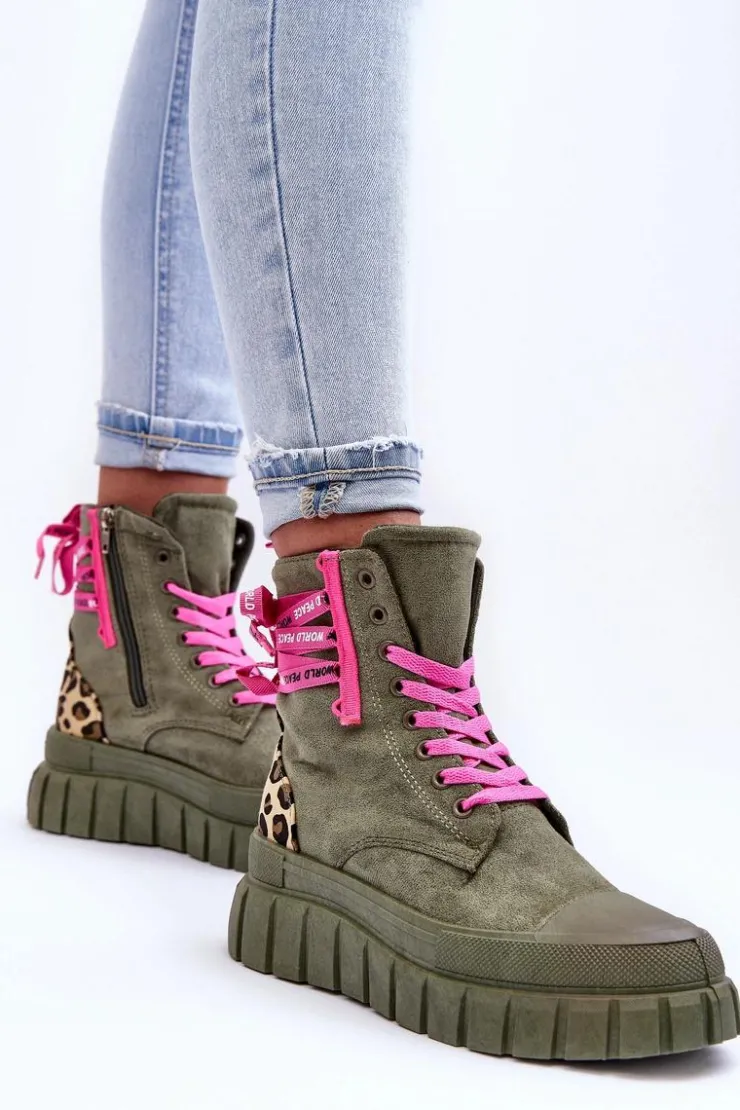 Boto Botki Sznurowane|Botki Płaskie*Damskie Zamszowe Botki Na Platformie Zielone Raftera