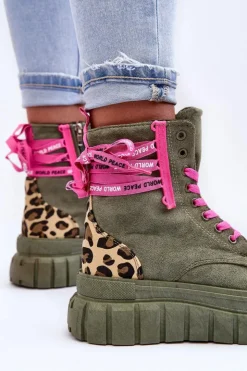 Boto Botki Sznurowane|Botki Płaskie*Damskie Zamszowe Botki Na Platformie Zielone Raftera