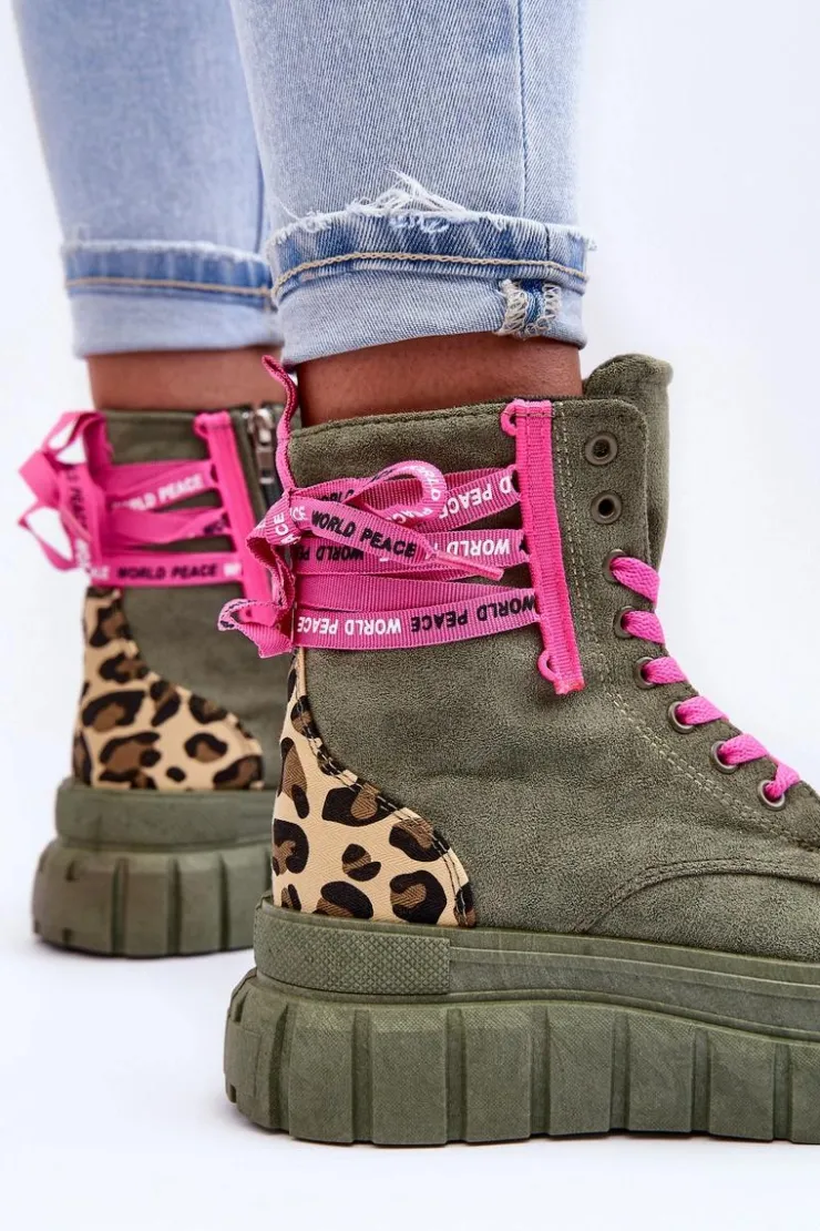 Boto Botki Sznurowane|Botki Płaskie*Damskie Zamszowe Botki Na Platformie Zielone Raftera