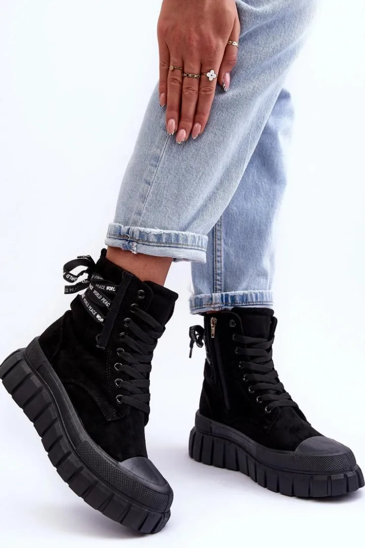 Boto Botki Sznurowane|Czarne Botki*Damskie Zamszowe Botki Na Platformie Czarne Raftera