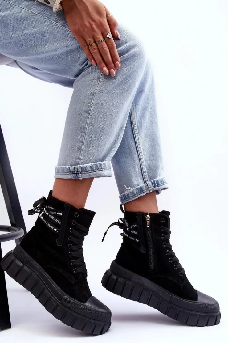 Boto Botki Sznurowane|Czarne Botki*Damskie Zamszowe Botki Na Platformie Czarne Raftera