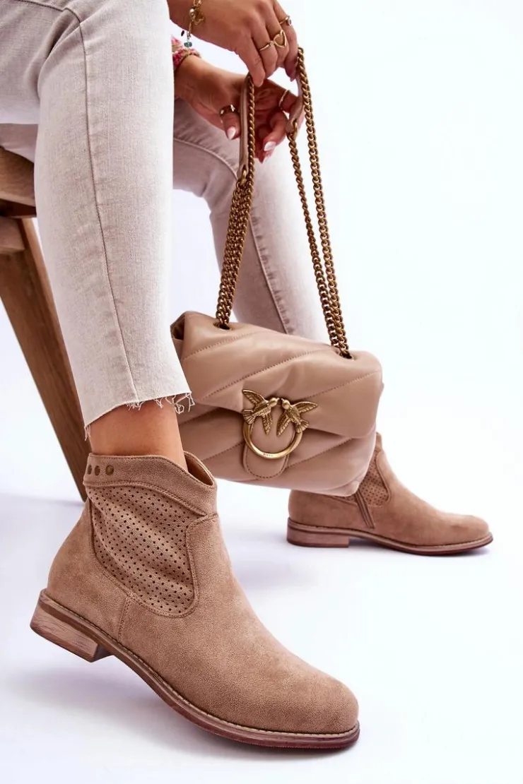 Damskie Damskie buty S.Barski Damskie Zamszowe Botki Na Płaskim Obcasie Beżowe Liana