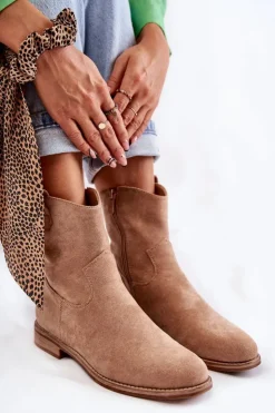 Damskie buty S.Barski Botki Wiosenne|Czarne Botki*Damskie Zamszowe Botki Na Płaskim Obcasie Beżowe Fiorenz