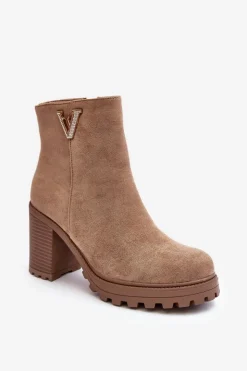 Damskie Boto Damskie Zamszowe Botki Na Słupku Z Ozdobą Beżowe Strong