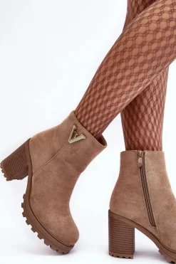 Damskie Boto Damskie Zamszowe Botki Na Słupku Z Ozdobą Beżowe Strong