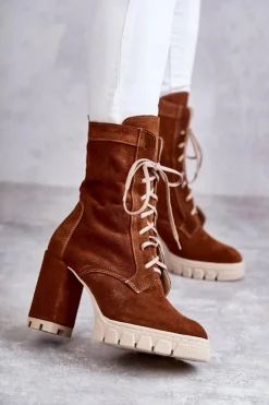 New Boto Damskie Zamszowe Botki Na Platformie Brązowe Edna Brązowy