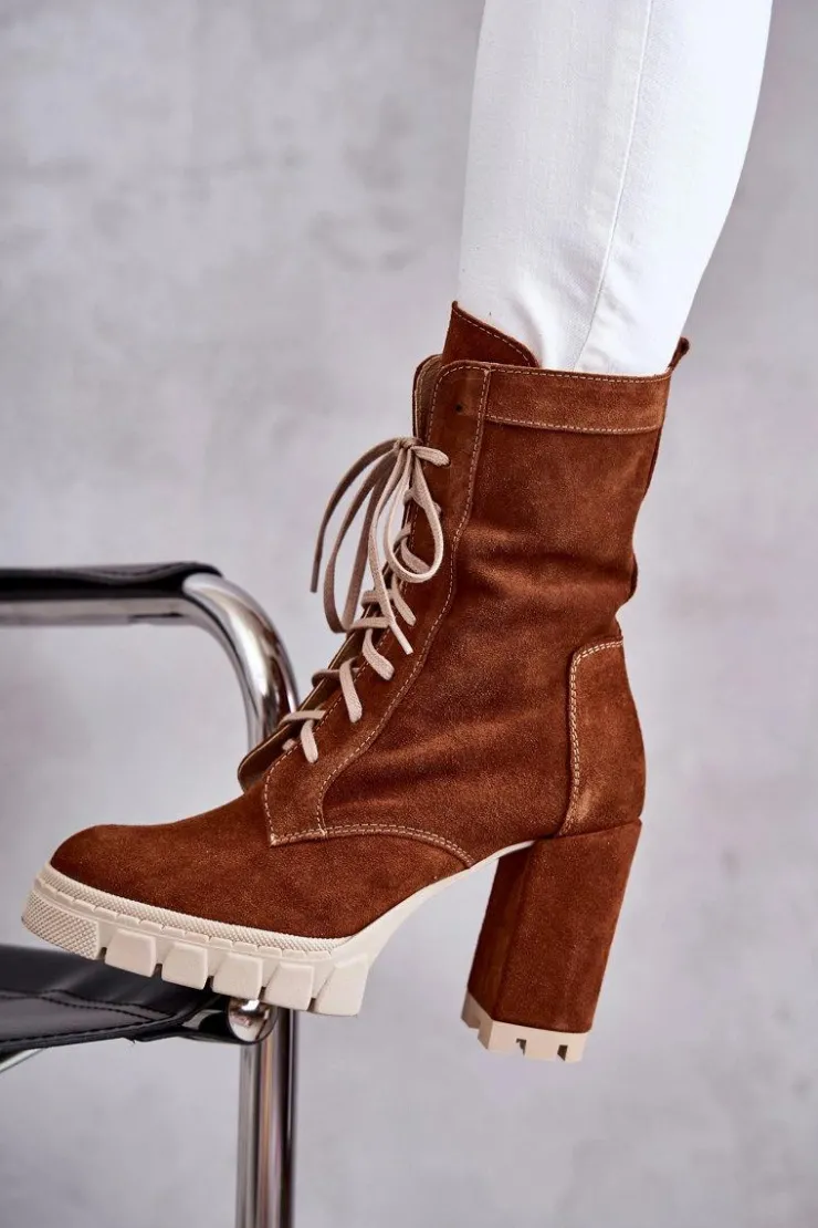 New Boto Damskie Zamszowe Botki Na Platformie Brązowe Edna Brązowy