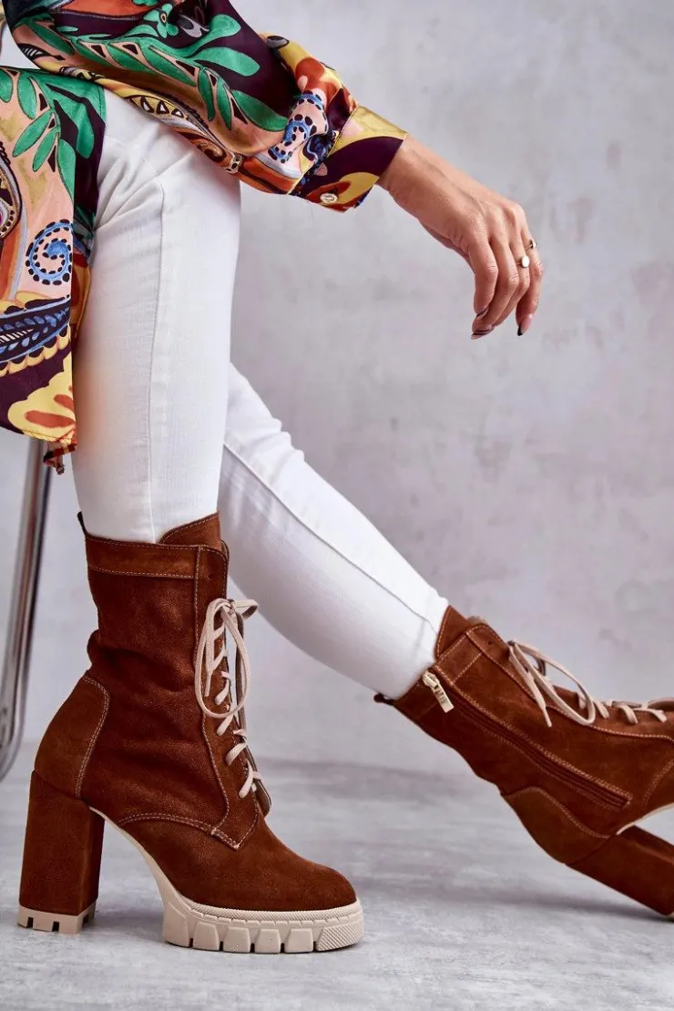 New Boto Damskie Zamszowe Botki Na Platformie Brązowe Edna Brązowy